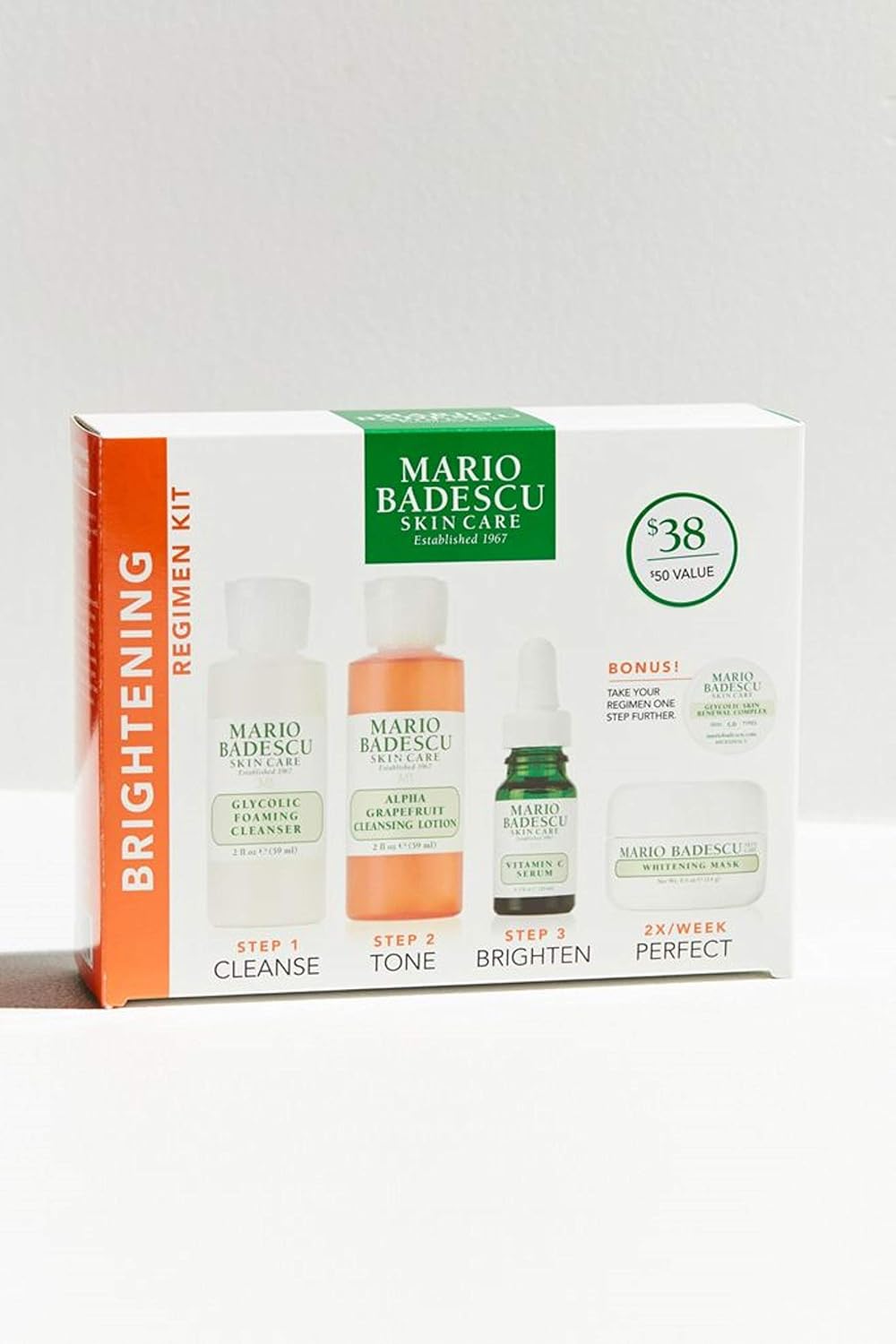 Mario Badescu The Brightening Kit, 5 Piece Kit With Glycolic Foaming Cleanser, Alpha Grapefruit Cleansing Lotion, Vitamin C Serum, Whitening Mask & Glycolic Skin Renewal Complex : Beauty & Personal Care