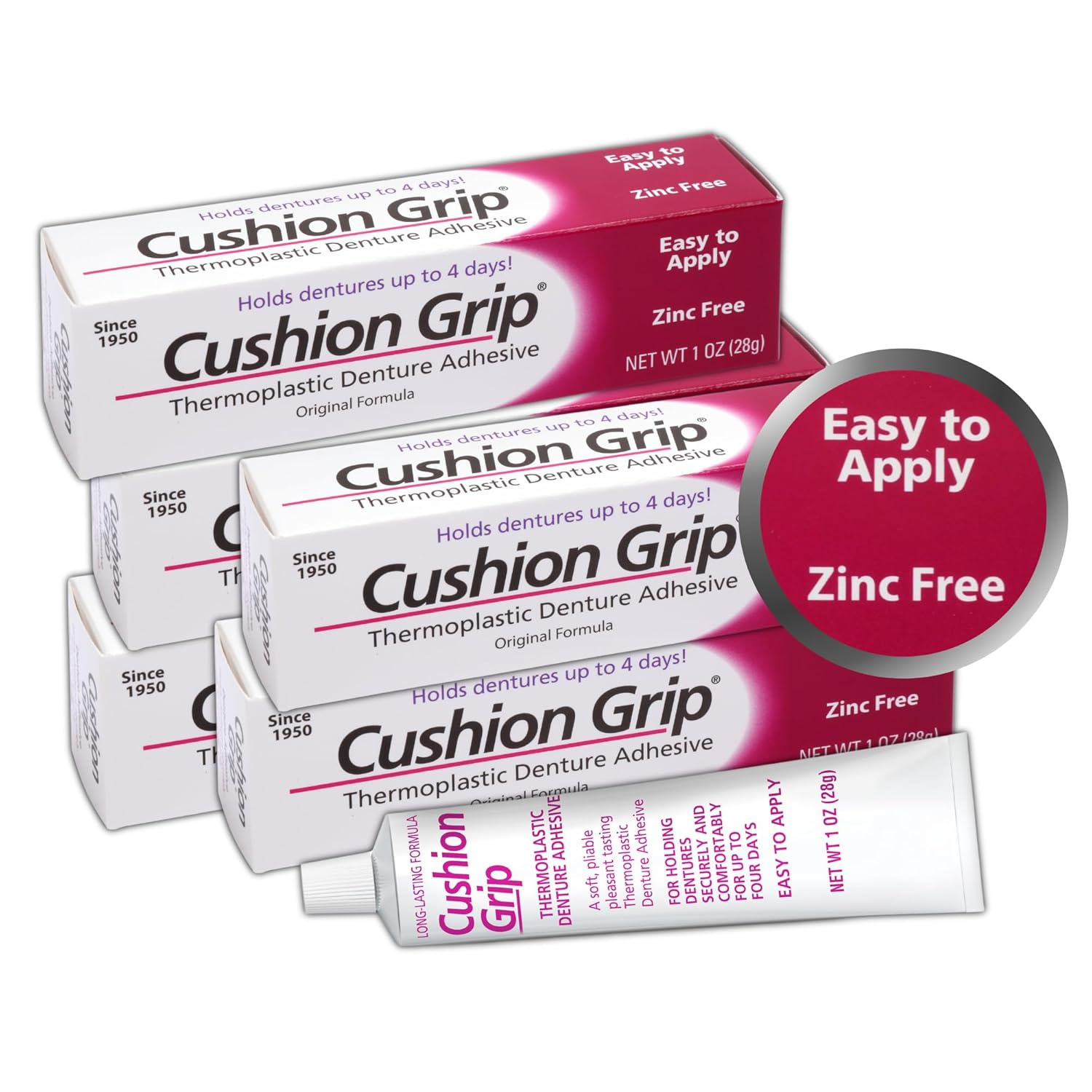 Cushion Grip Thermoplastic Denture Adhesive, 1 Oz - Improves Denture Fit, Comfort & Stability | Non-Glue Adhesive, Acts Like A Soft Reline (Pack Of 5)