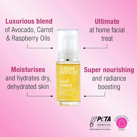Super Facialist Rose Brighten & Refine Face Oil - Wonder Blend Of Aromatherapy Oil For Dry & Sensitive Skin, Gentle Pre Cleanser Or Nourishing Treatment To Plump Skin, Vegan Friendly, 30Ml