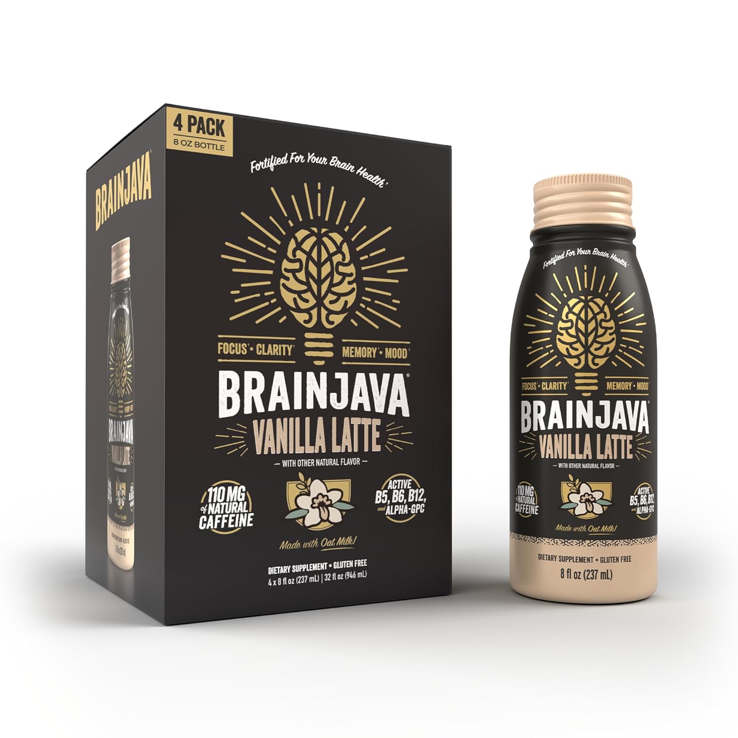 Brainjava Oat Milk Vanilla Latte Ready To Drink Coffee, 4 Pack, Fair Trade Arabica Coffee, 110Mg Caffeine, L-Theanine, Potassium, B Vitamins, For Focus, Clarity, Gluten Free, Vegan, 8 Fl Oz Bottles