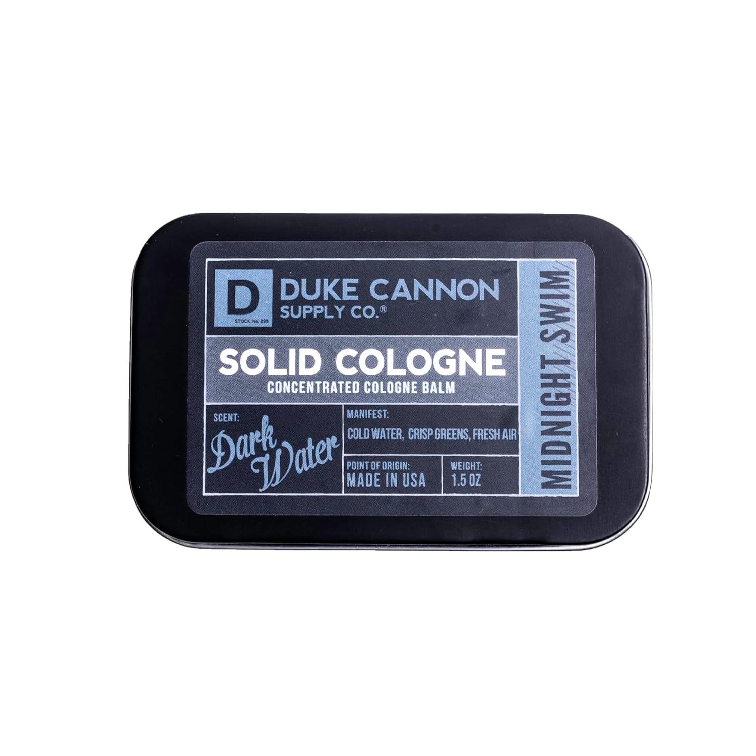 Duke Cannon Supply Co. Solid Cologne For Men Midnight Swim - Cold Water, Crisp Greens, Fresh Air - Concentrated Balm, Travel-Friendly Tin, Made With Natural & Organic Ingredients, 1.5 Oz (1 Unit)