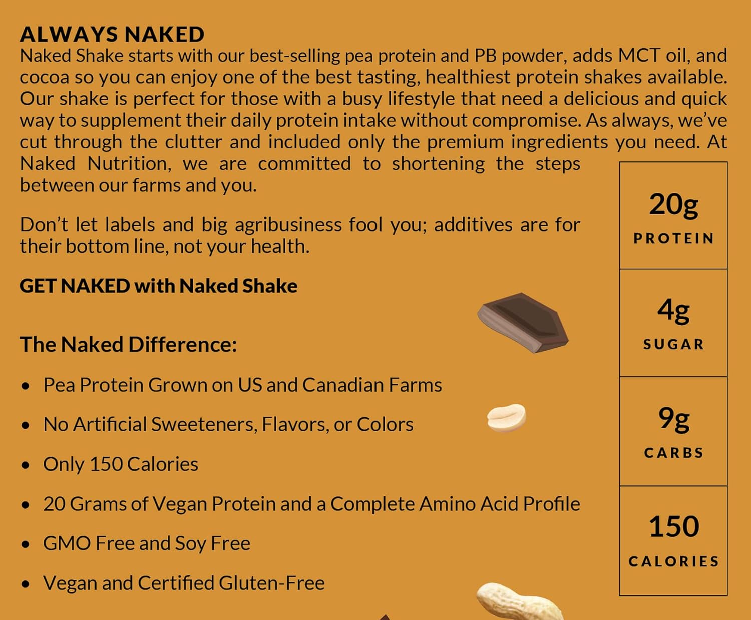 Naked Shake - Chocolate Peanut Butter Protein Powder - Vegan Protein Powder from US & Canadian Farms with MCT Oil, Gluten-Free, Soy-Free, No GMOs or Artificial Sweeteners - 30 Servings : Health & Household