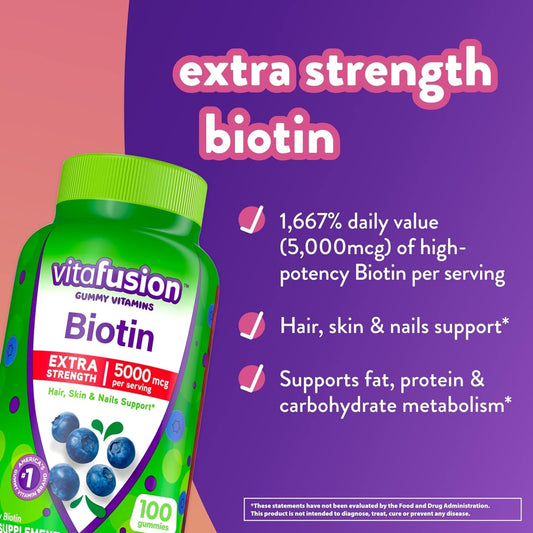 Vitafusion Extra Strength Biotin Gummy Vitamins, Berry Flavored, 5,000 Mcg Biotin Vitamins, America’S Number 1 Gummy Vitamin Brand, 50 Day Supply, 100 Count (Packaging May Vary)