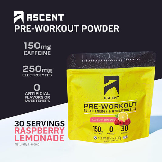 Ascent Pre Workout Powder - Preworkout for Men & Women with No Artificial Ingredients or Flavors - Clean Energy with 150g Caffeine & 250g Electrolytes - Raspberry Lemonade, 30 Servings
