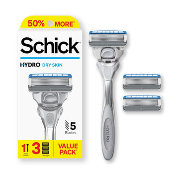 Schick Hydro Dry Skin Razor, 1 Razor Handle and 3 Cartridges | Razors for Men, 5 Blade Razor Men, Mens Razors for Shaving, Razor Blades for Men, 1 Handle with 3 Razor Blades Refills