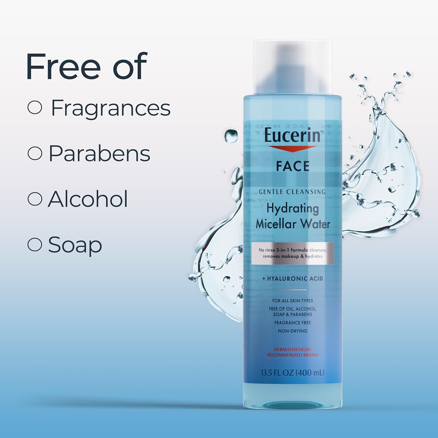 Eucerin Face Gentle Cleansing Hydrating Micellar Water With Hyaluronic Acid, Face Cleanser And Makeup Remover, Fragrance Free And Non-Drying For All Skin Types, 13.5 Fl Oz Bottle : Beauty & Personal Care