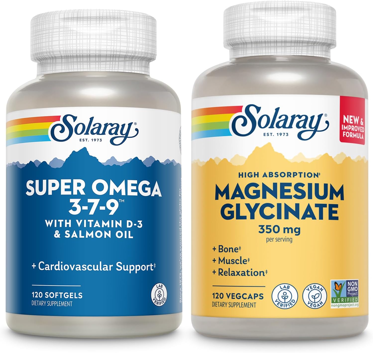 Solaray Super Omega 3, 7, 9 And Magnesium Glycinate Bundle - Essential Fatty Acids And Chelated Magnesium Gisglycinate For Healthy Heart, Bones, And Relaxation Support - 120 Softgels, 275 Vegcaps
