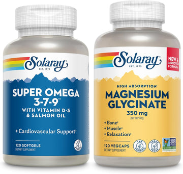 Solaray Super Omega 3, 7, 9 And Magnesium Glycinate Bundle - Essential Fatty Acids And Chelated Magnesium Gisglycinate For Healthy Heart, Bones, And Relaxation Support - 120 Softgels, 275 Vegcaps