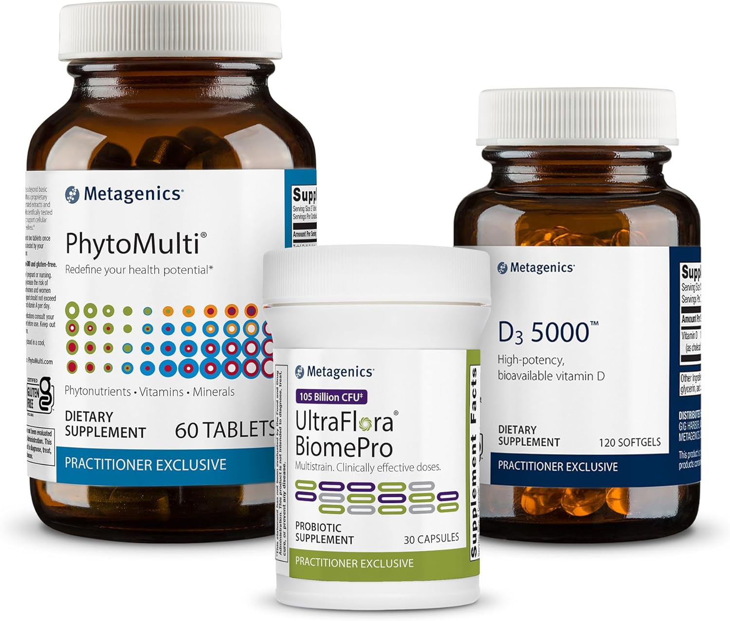 Metagenics Phytomulti Without Iron - 60 Tablets, D3 5000-120 Softgels, And Ultraflora Biomepro - 30 Capsules