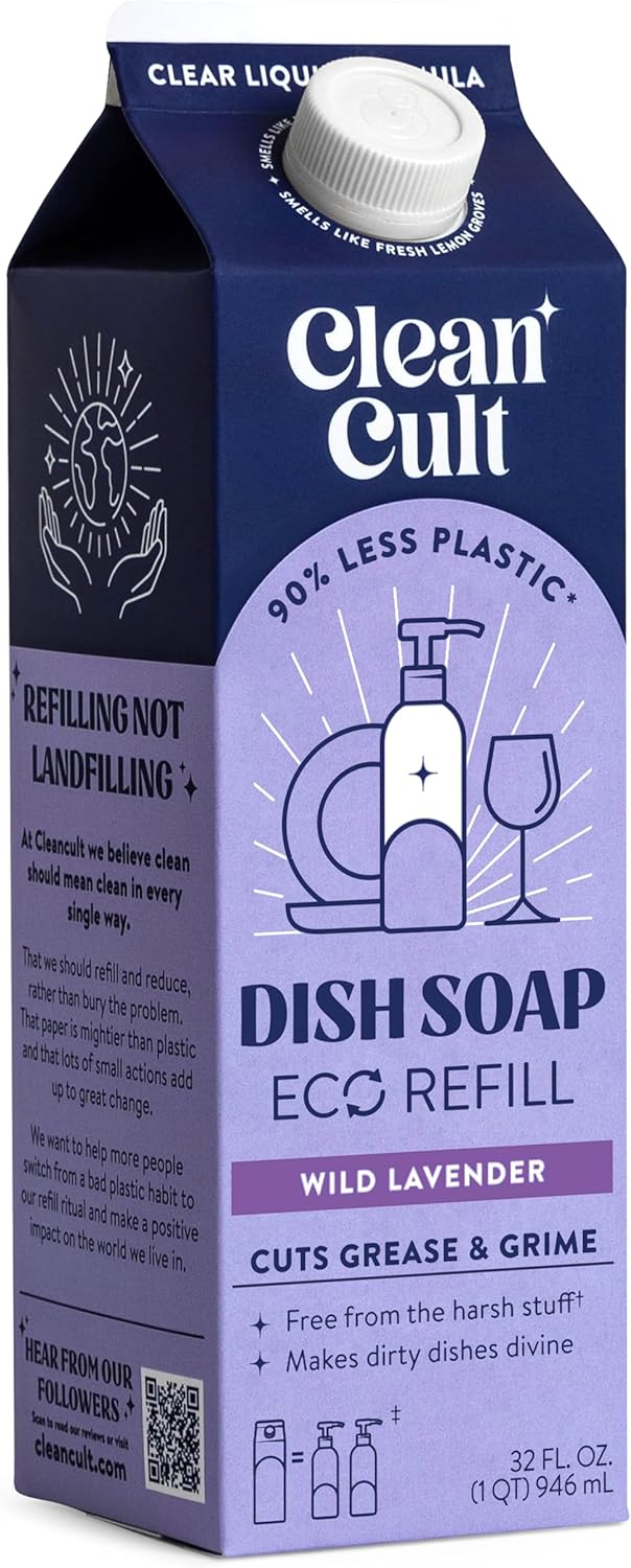 Cleancult Dish Soap Liquid Refills (32oz, 1 Pack) - Dish Soap that Cuts Grease & Grime - Free of Harsh Chemicals - Paper Based Eco Refill, Uses 90% Less Plastic - Wild Lavender