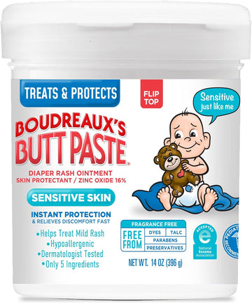 Boudreaux'S Butt Paste For Sensitive Skin Diaper Rash Cream, Ointment For Baby, 14 Oz Flip Top Jar
