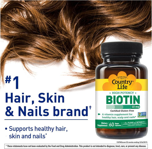 Country Life Vitamins High Potency Biotin 10,000 Mcg (10 Mg), 60 Count - Supplement For Hair, Scalp & Nails - Certified Gluten Free