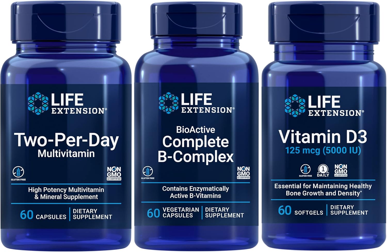 Life Extension Two-Per-Day Multivitamin, 60 capsules | BioActive Complete B-Complex, 60 capsules | Vitamin D3 125 mcg (5000 IU), 60 softgels | Bone & immune health, energy and metabolism support : Health & Household