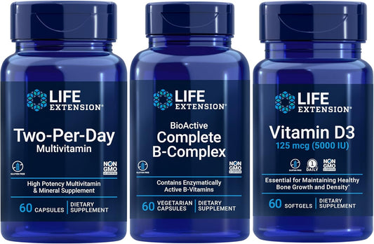Life Extension Two-Per-Day Multivitamin, 60 capsules | BioActive Complete B-Complex, 60 capsules | Vitamin D3 125 mcg (5000 IU), 60 softgels | Bone & immune health, energy and metabolism support : Health & Household