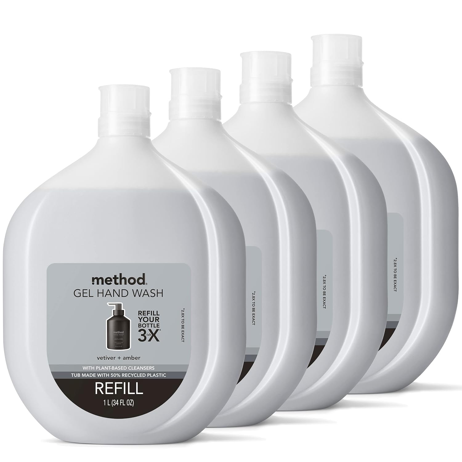 Method Premium Gel Hand Wash Refill, Vetiver + Amber, Recyclable Bottles, Biodegradable Formula, 34 Fl Oz (Pack Of 4)