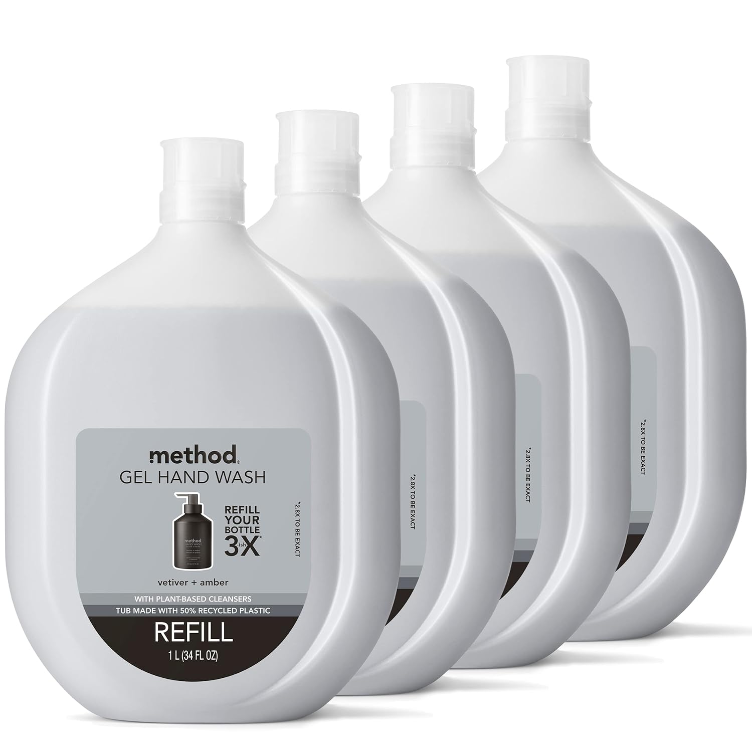 Method Premium Gel Hand Wash Refill, Vetiver + Amber, Recyclable Bottles, Biodegradable Formula, 34 fl oz (Pack of 4)