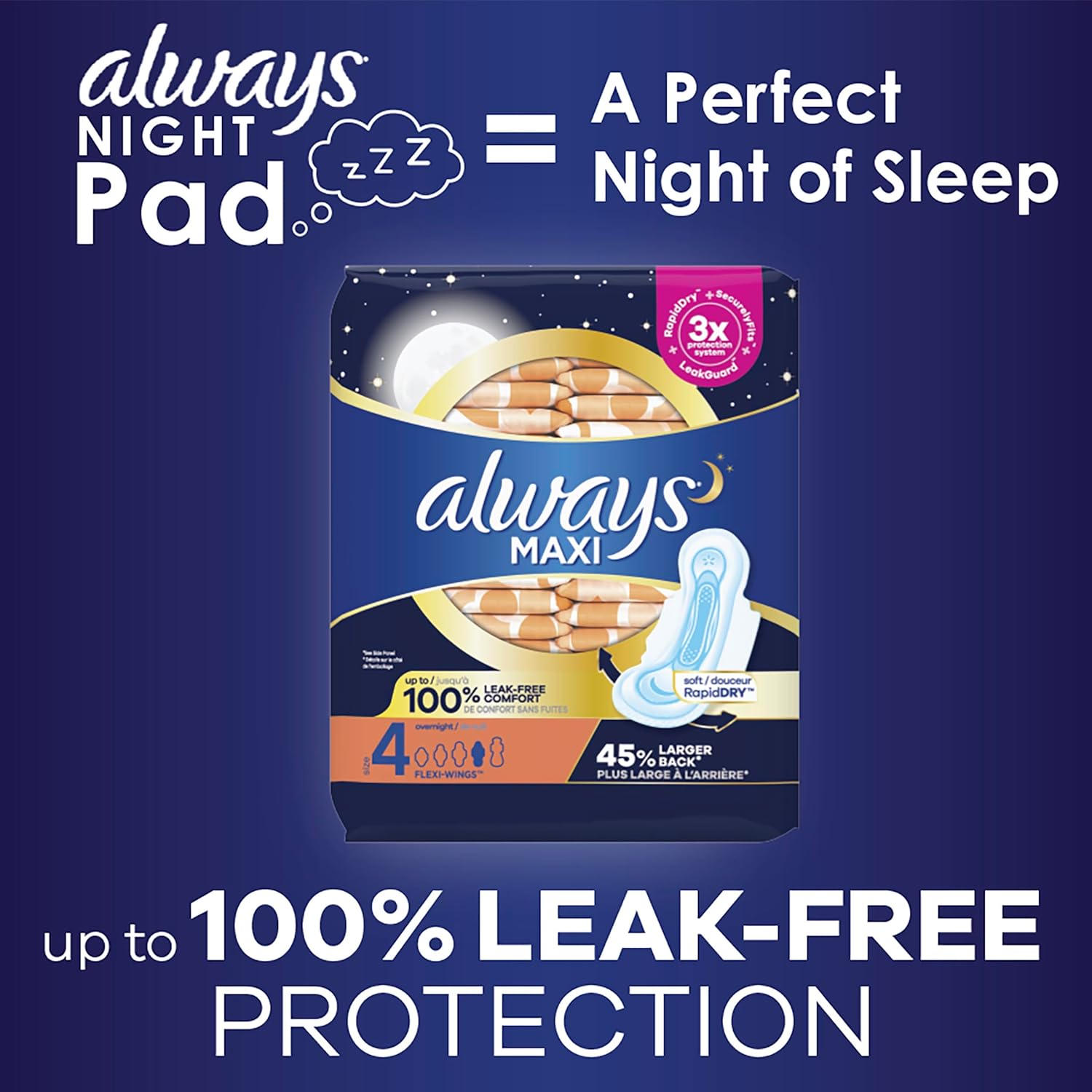 Always Maxi Overnight Pads With Wings, Size 4, Overnight, Unscented, 33 Ct
