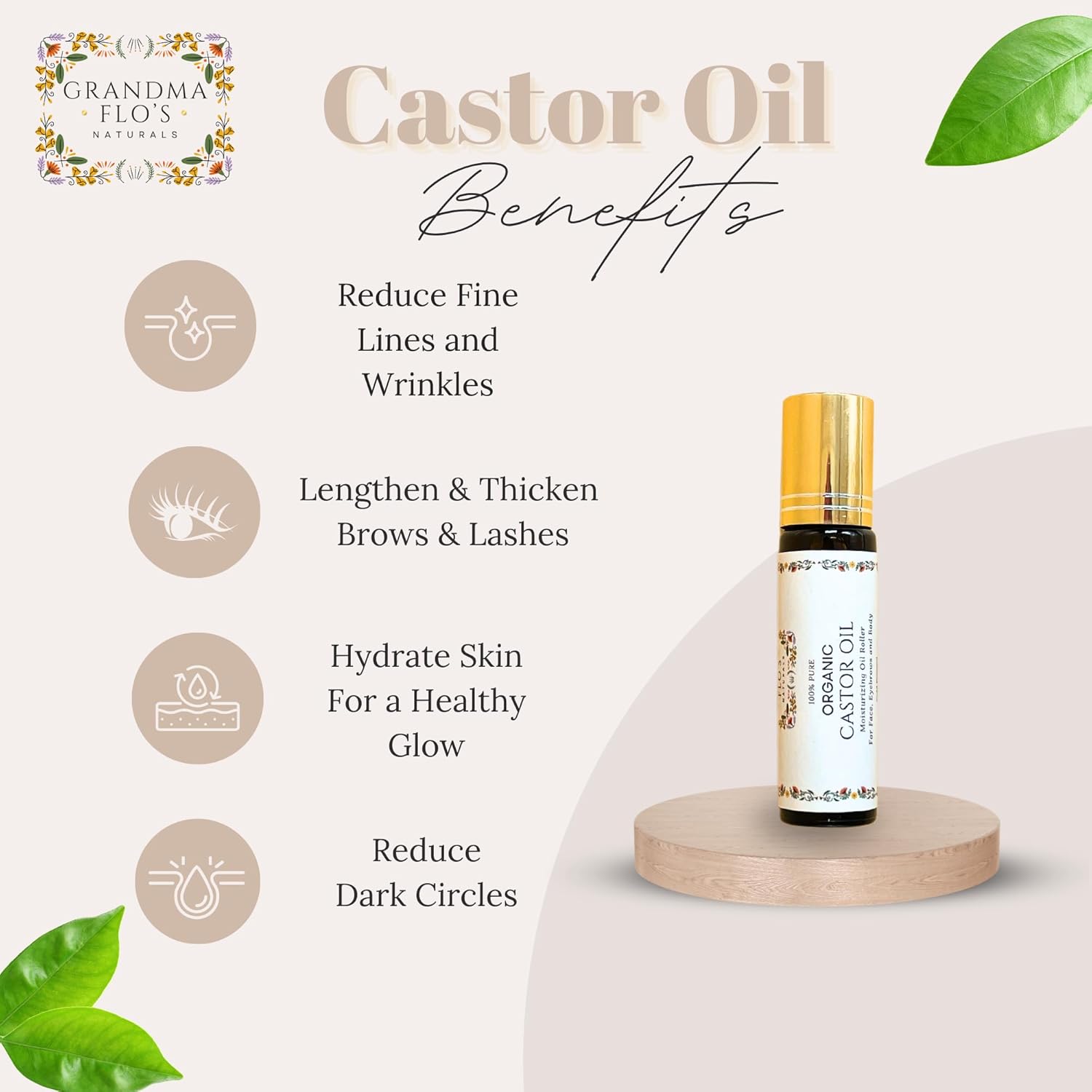 Pure Organic Castor Oil Roll On For Lips, Eyebrows, Under Eyes, Eyelashes And Cuticles - Easy, Less Mess Moisturizer Roller Ball Cold Pressed, Hexane Free, Unrefined, Glass Bottle - Travel Size