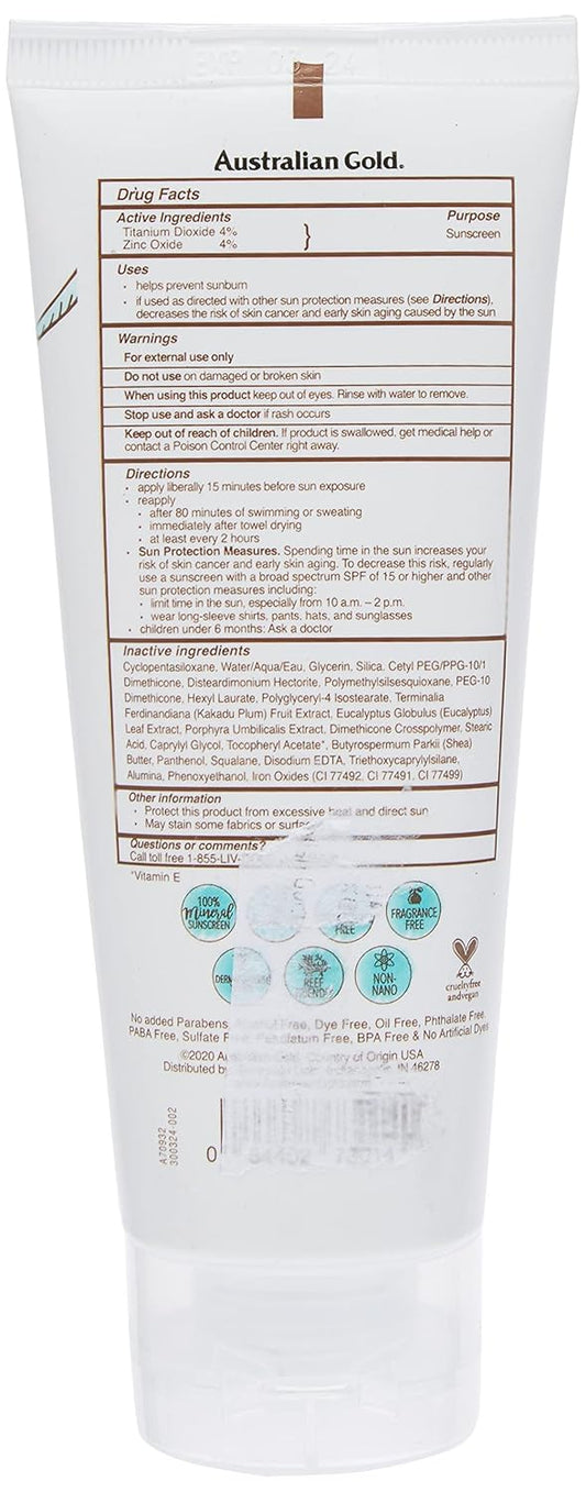 Australian Gold Botanical Sunscreen Tinted Face Mineral Lotion Spf 50, 3 Ounce | Broad Spectrum | Water Resistant