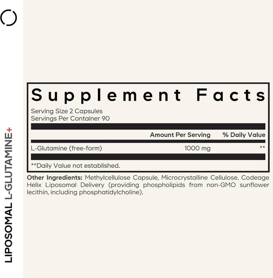 Codeage Liposomal L-Glutamine Capsule Supplement - 1,000 Mg L-Glutamine Per Serving - 3-Month Supply - Liposomal Delivery, Vegan Pills, Non-Gmo, Gluten-Free Amino Acid - 180 Capsules