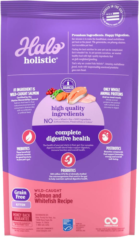 Halo Holistic Kitten Food Dry , Grain Free Wild - Caught Salmon And Whitefish Recipe, Complete Digestive Health , Dry Cat Food Bag , Kitten Formula, 3-Lb Bag