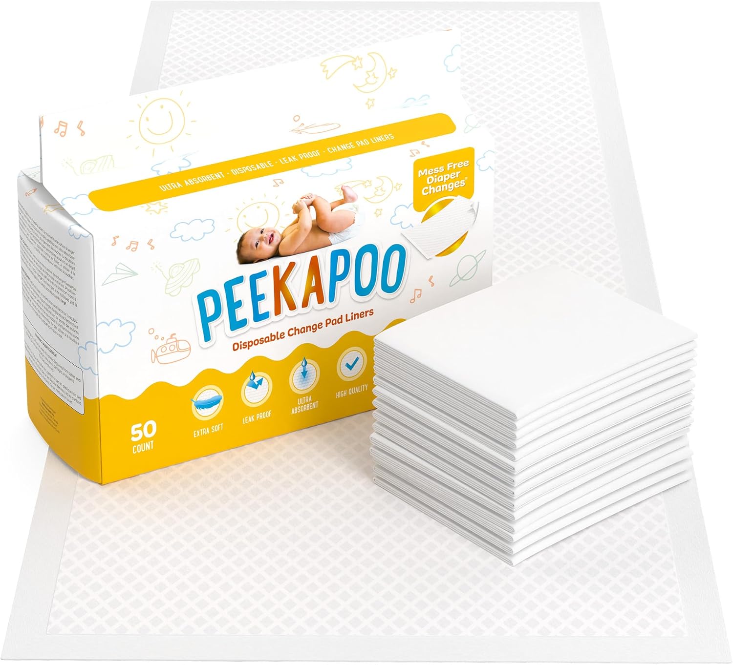 Peekapoo - Disposable Changing Pad Liners (50 Pack) Super Soft, Ultra Absorbent & Waterproof - Covers Any Surface For Mess Free Baby Diaper Changes