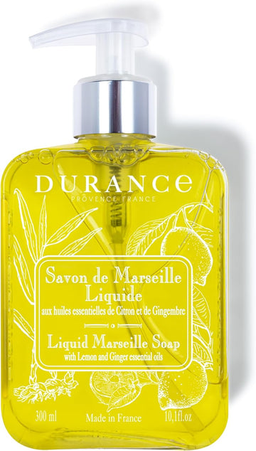 Durance Liquid Marseille Soap With Lemon & Ginger Essential Oils 300Ml - Paraben Free Hand Wash - Vegan Friendly - Gently Cleanses & Nourishes