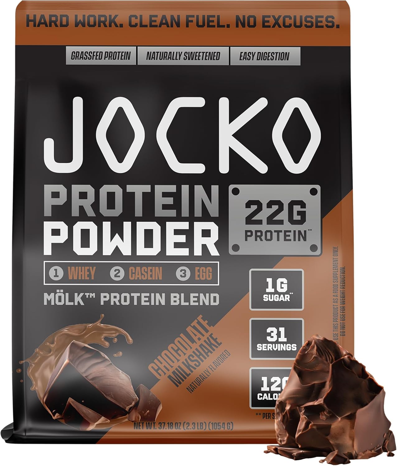 Jocko Mölk Whey Protein Powder 22G Sugar Free Monk Fruit Blend - Muscle Recovery & Growth, Packaging May Vary (31 Servings, Chocolate Milkshake)