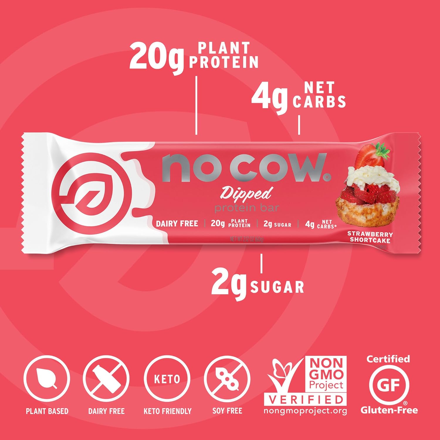 No Cow High Protein Bars, Dipped Strawberry Shortcake - Healthy Snacks, 20g Vegan Protein, High Fiber, Low Sugar, Dairy & Gluten Free (12 Count) : Health & Household