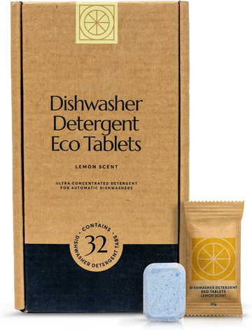 CLEANOMIC Dishwasher Pods (32 Eco Tabs) Soap Detergent, No Harsh Ingredients, Individually Wrapped - Lemon Fresh