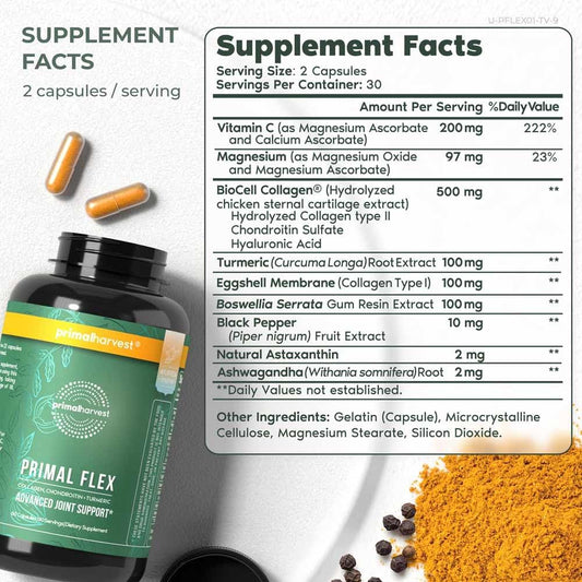 Primal Harvest, Primal Flex Joint Supplement With Collagen, Turmeric, Boswellia And Ashwagandha (60 Count) 1 Pack