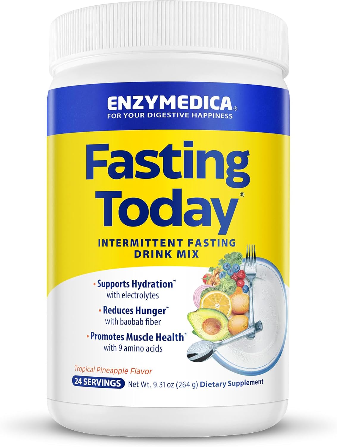 Enzymedica, Fasting Today, Intermittent Fasting Drink Mix With Electrolyte Powder Supplement For Hydration, Appetite And Muscle Health, Keto Friendly, Tropical Pineapple Flavor, 24 Servings