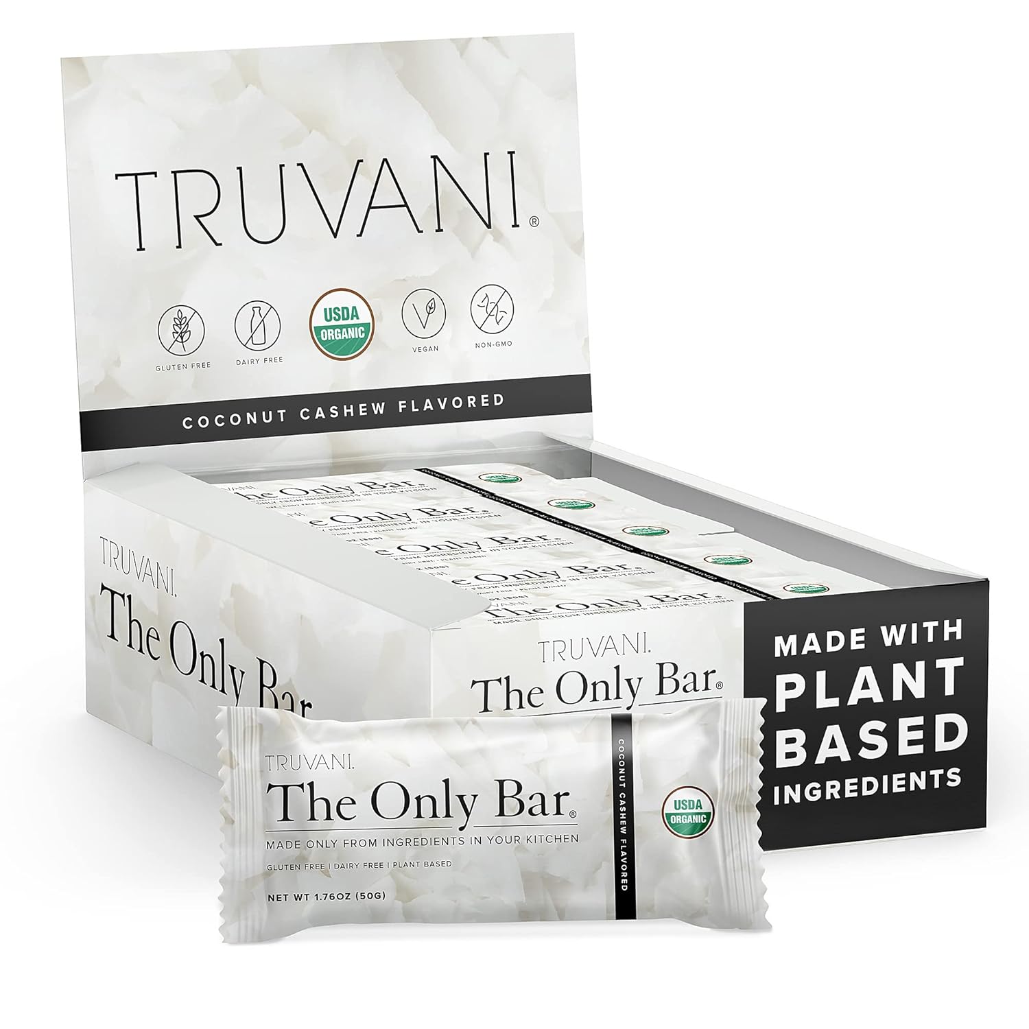 Truvani Plant Based Snack Bars | 5G Protein | 12 Pack Coconut Cashew | Organic | Vegan | The Only Bar | Dairy, Soy, And Gluten Free | Individually Wrapped