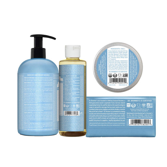 Dr. Bronner'S Baby Unscented Gift Set - Pure-Castile Liquid And Bar Soaps, Organic Magic Balm, And 4-In-1 Organic Sugar Pump Soap