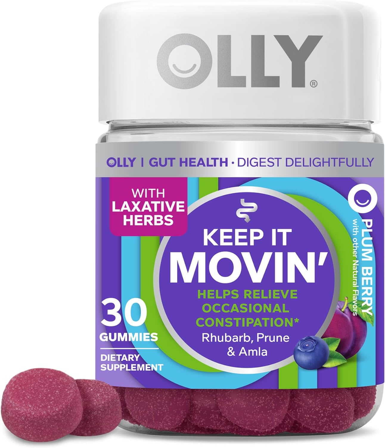 Olly Keep It Moving Constipation Relief, Rhubarb, Prunes, Amla - Plum Berry Flavor - 30Ct