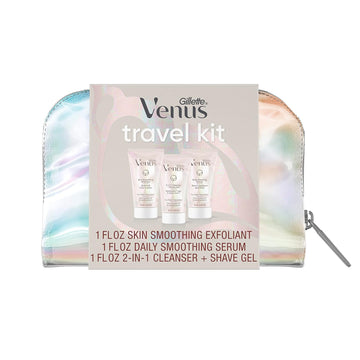 Gillette Venus For Pubic Hair & Skin Travel Gift Set, Includes 1Oz Smoothing Exfoliator, 2-In-1 Cleanser, Soothing Serum And Travel Bag