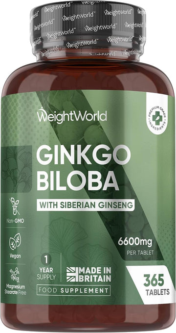 Ginkgo Biloba And Ginseng 6600Mg - 365 Tablets - 1 Year Supply - 1 Tablet A Day - With Flavone Glycosides And Terpene Lactones - Vegan & Non-Gmo - Ginseng And Ginkgo Biloba Complex Herbal Supplement