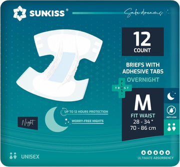 SUNKISS TrustPlus Overnight Adult Diapers with Ultimate Absorbency, Unisex Incontinence Briefs with Tabs for Men and Women, Odor Control, Medium, 12 Count