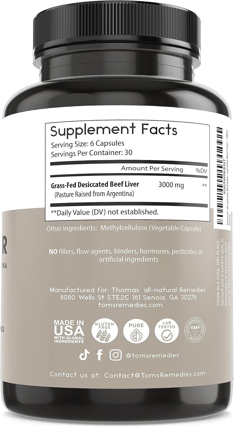 Thomas' All-Natural Remedies Grassfed Beef Liver Supplement, 3000Mg Liver Support Supplement, Pasture Raised In Argentina, Non-Gmo & Hormone Free (180 Caps)