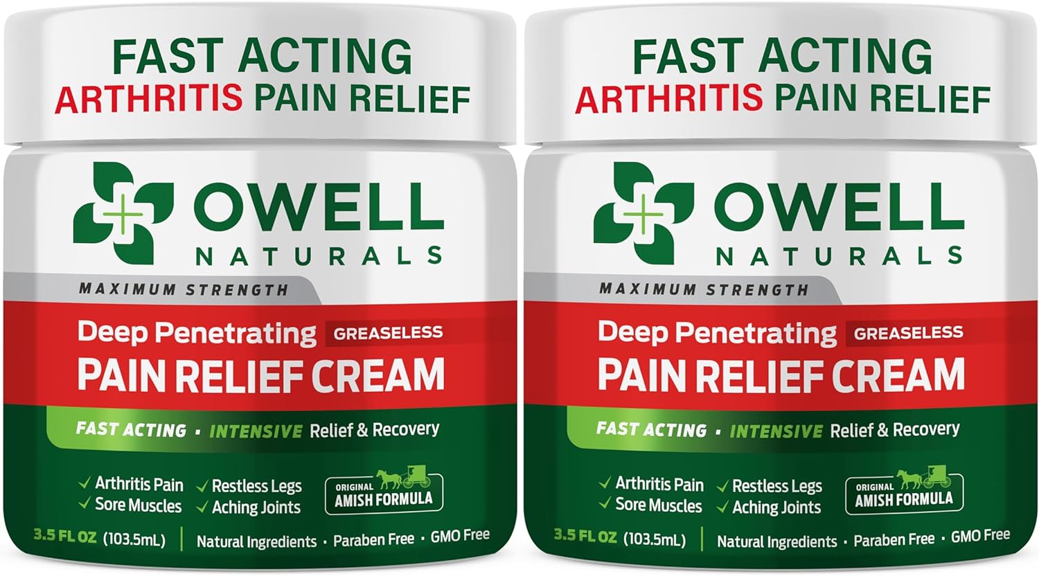 OWELL NATURALS Arthritis Pain Relief Cream - 3.5 oz 2 Pack - Maximum Strength All Natural Discomfort Reliever for Joint, Muscle, Knee, Back, Neuropathy - 11 Powerful Ingredients