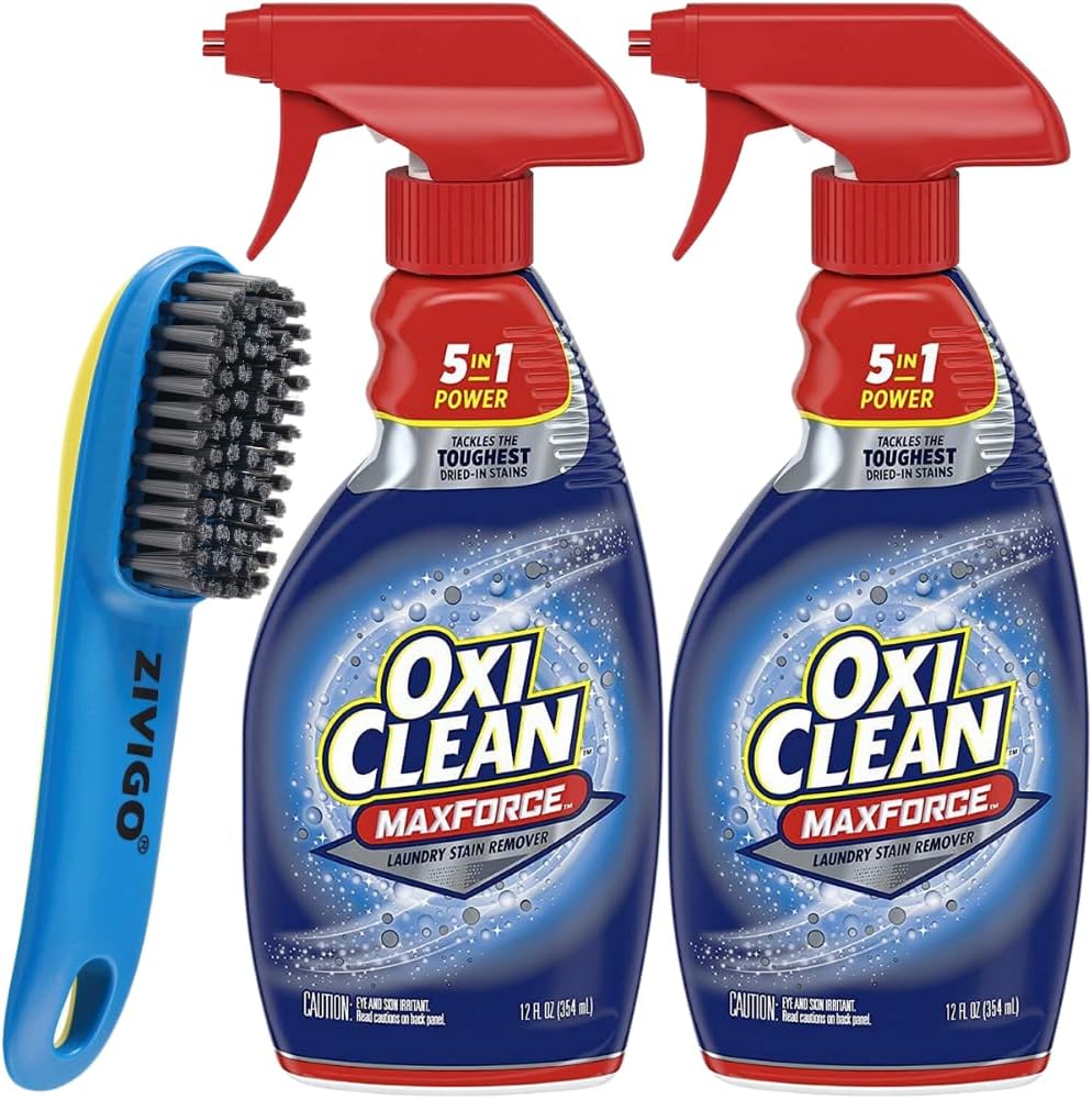 2 Oxi, Clean® Max Force Spray, Laundry Stain Remover, 12 Ounce, Bundle with ZIVIGO Laundry Stain Brush for Scrubbing Out Tough Stains