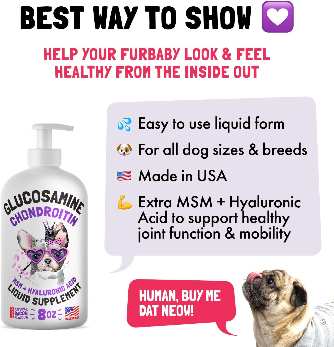 Liquid Glucosamine for Dogs Bacon Flavour with Chondroitin, MSM & Hyaluronic Acid K9 Supplement Hip and Joint Formula Advanced Mobility Joint Pain Relief Senior Advanced Supplement for All Breeds : Pet Supplies