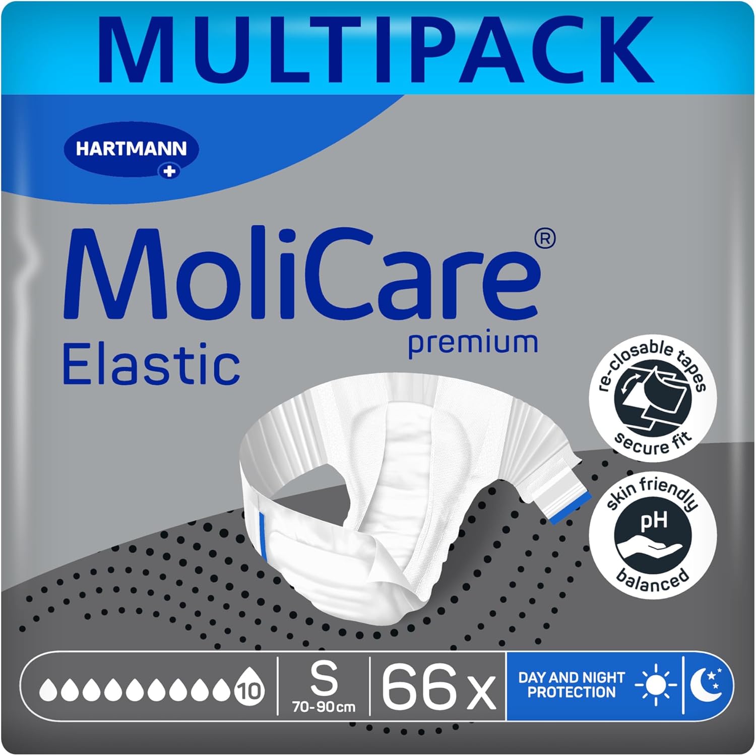 Molicare Premium Elastic Unisex Disposable Slip: Discreet Use For Woman And Men With Incontinence; 10 Drops, Size S, 3 Packs Of 22 (66 Pieces)