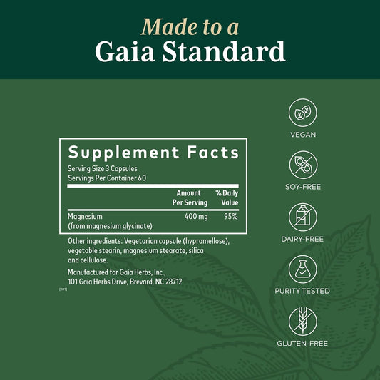 Gaia Herbs Pro Magnesium Glycinate 400 - Sleep Support & Stress Relief - Aids Against Nervousness - With Magnesium & Vegetable Stearin - 180 Capsules (60 Servings)
