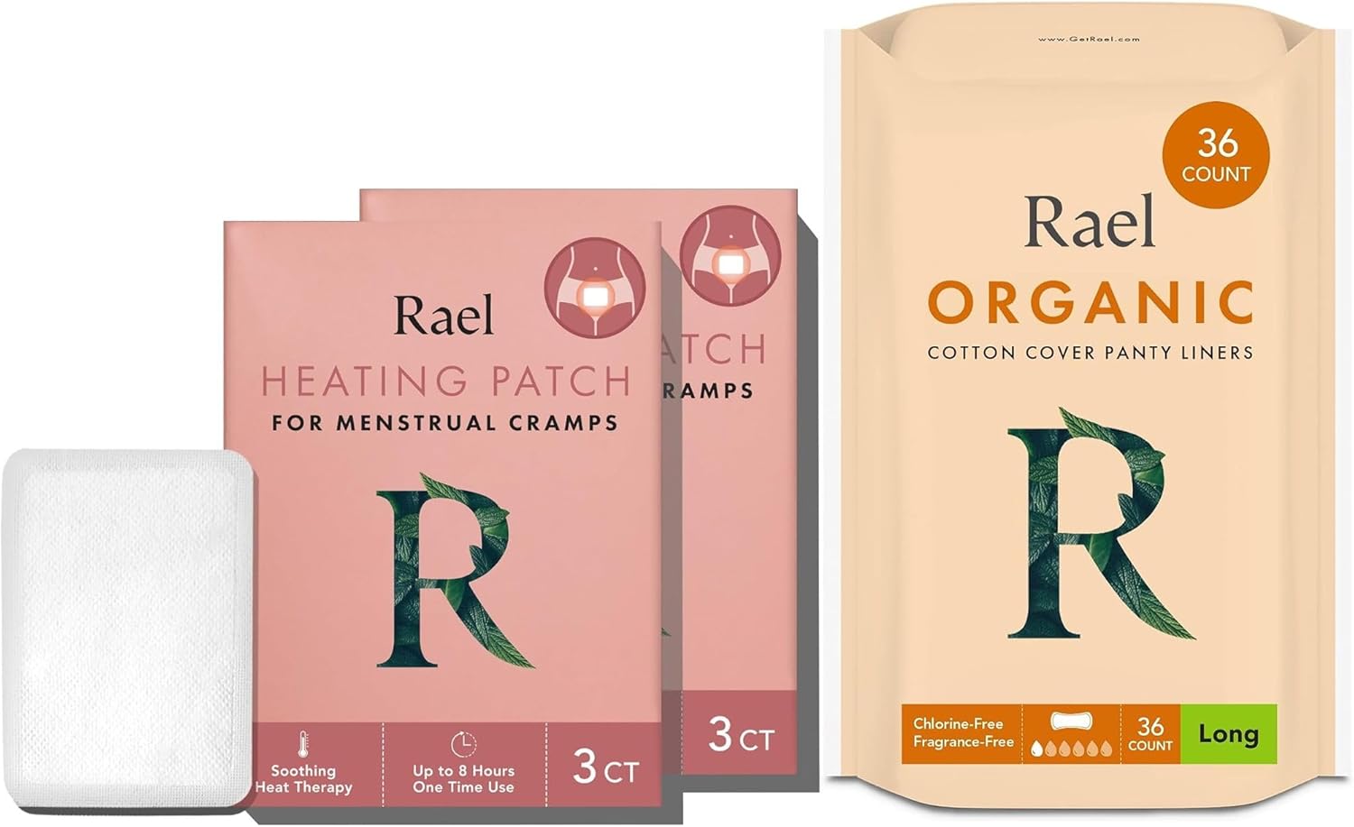 Rael Bundle - Organic Cotton Cover Long Liners (36 Count) & Heating Patch (6 Count)