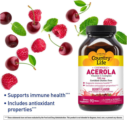 Country Life Acerola Vitamin C Complex, 500Mg, Chewable Berry Flavored Wafers, Supports Immune Health, 90 Wafers, Certified Gluten Free By Gfco, Certified Vegan By Ava