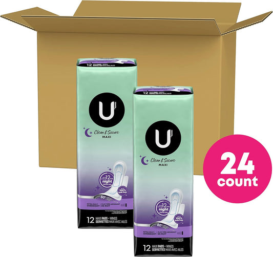 U By Kotex Clean & Secure Overnight Maxi Pads With Wings, Extra Heavy Absorbency, 24 Count (2 Packs Of 12) (Packaging May Vary)