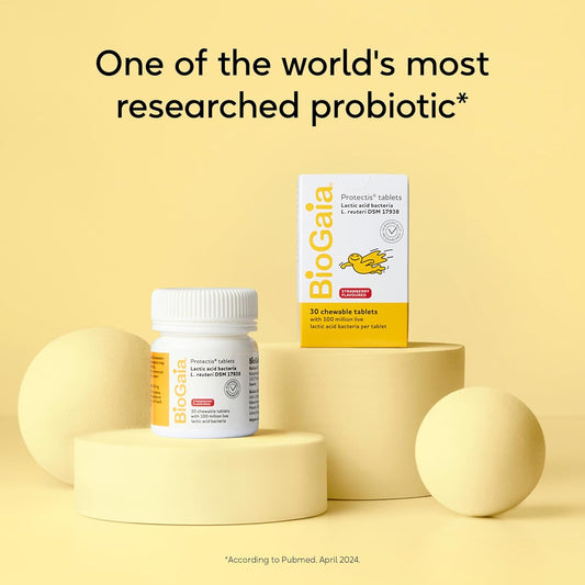 Biogaia Protectis Kids Tablets | 30 Chewable Probiotic Supplements With 100 Million Live L. Reuteri | Gut Health And Comfort | Digestive System Support For Children - Strawberry Flavour