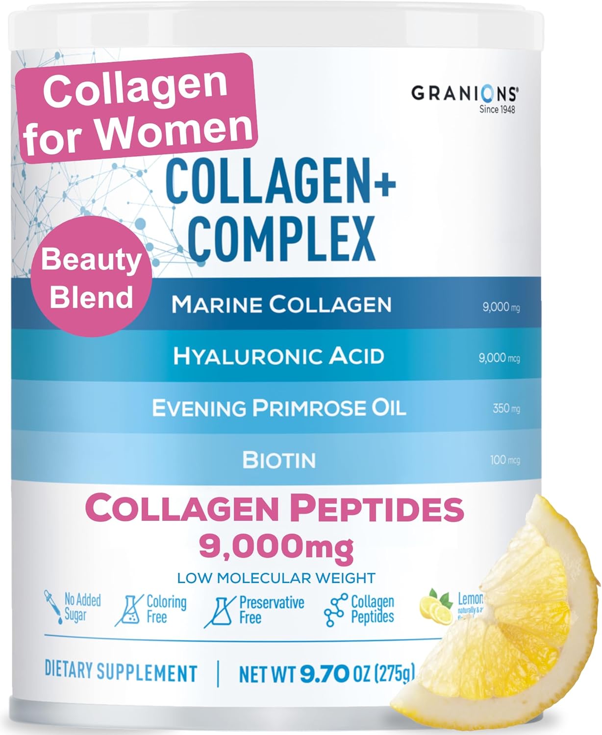 Marine Collagen Powder Supplement - Type I Hydrolyzed Marine Collagen Peptides, Biotin, Hyaluronic Acid, Vitamin C, Vital Antioxidants Complex - Skin Supplements For Women - Pink Lemonade, 9.7Oz
