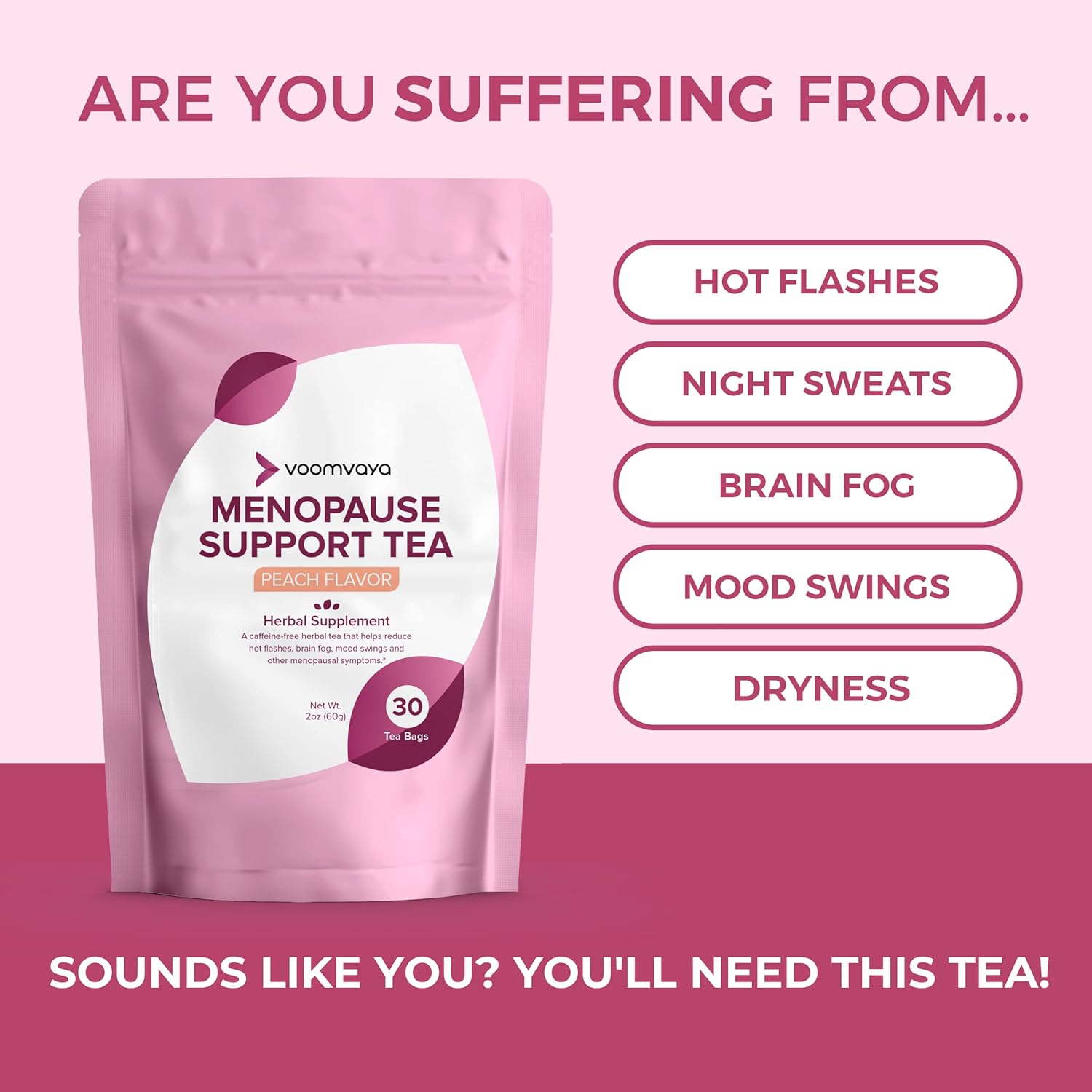 VoomVaya Menopause Support Tea - Natural Menopause Relief For Women with Red Clover & Black Cohosh - Alleviates Hot Flashes, Night Sweats, Mood Swings - Peach Flavor - 30 Teabags : VoomVaya: Health & Household